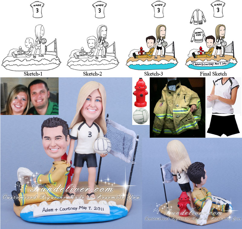 Volleyball-aholic & Firefighter Wedding Cake Toppers